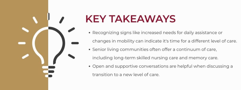 infographic that says 'Key Takeaways
Recognizing signs like increased needs for daily assistance or changes in mobility can indicate it's time for a different level of care.
Senior living communities often offer a continuum of care, including long-term skilled nursing care and memory care.
Open and supportive conversations are helpful when discussing a transition to a new level of care.