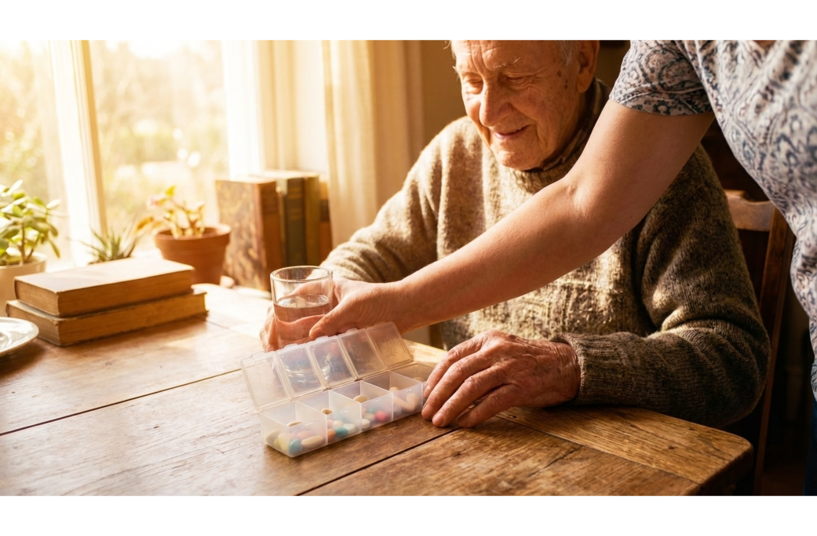 An older person sits at a table with a pill organizer while a caregiver stands nearby offering support with medication management.