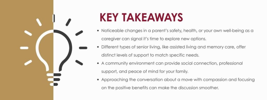 infographic that says 'Key Takeaways
Noticeable changes in a parent’s safety, health, or your own well-being as a caregiver can signal it’s time to explore new options.
Different types of senior living, like assisted living and memory care, offer distinct levels of support to match specific needs.
A community environment can provide social connection, professional support, and peace of mind for your family.
Approaching the conversation about a move with compassion and focusing on the positive benefits can make the discussion smoother.'